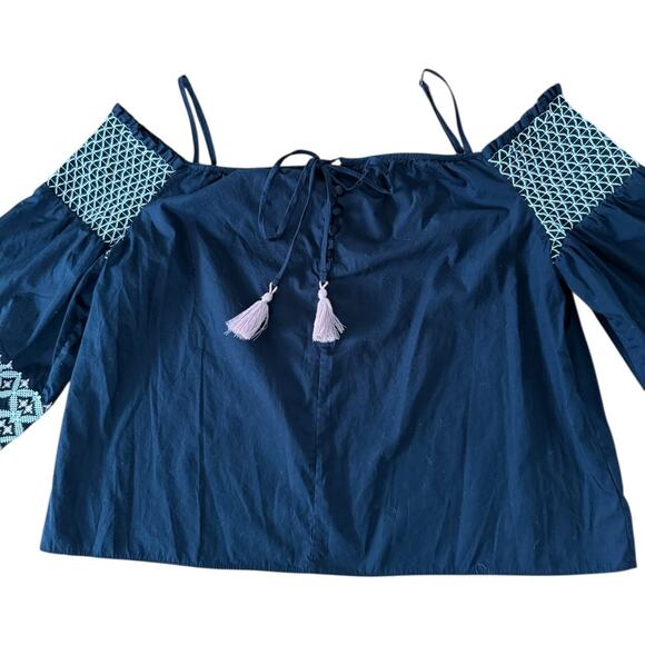 Rebecca Minkoff Off the Shoulder navy Embroidered smocked Peasant Top Boho XL - Picture 13 of 16